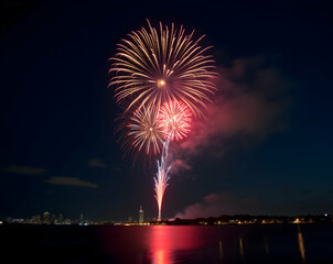 Spectacular Fireworks Display Illuminating the Night Sky Over Calm Waters During Festive Celebration with City Skyline on the Horizon