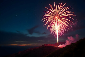 Spectacular fireworks illuminate the horizon against a vibrant night sky, casting a celebratory glow across the landscape during a festive occasion