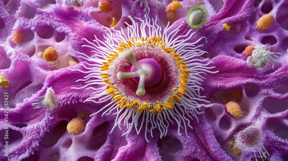 Poster intricate design of passiflora incarnata petals and corona filaments, natural setting