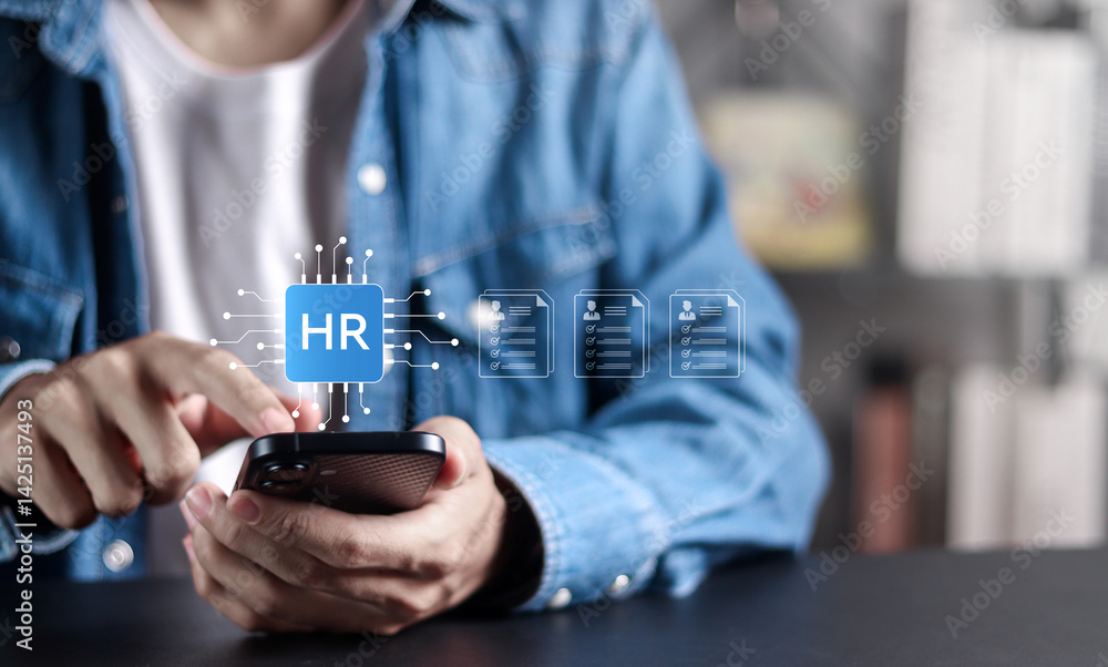 Poster human resource management with ai concept. hr automation, ai agent scans cv resumes database of pote