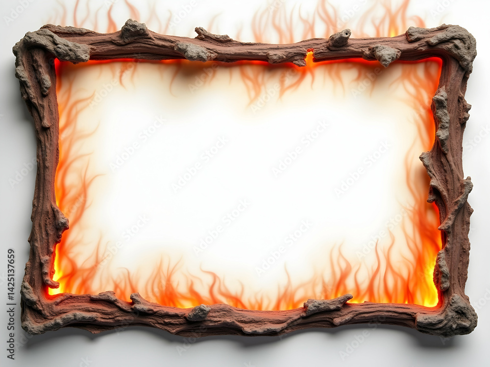 Poster striking burnt edge frame with fiery details and transparent center for creative photographic applic