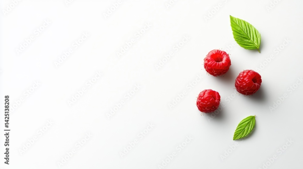 Poster Minimalist composition of two ripe red raspberries with green leaves on a clean white background