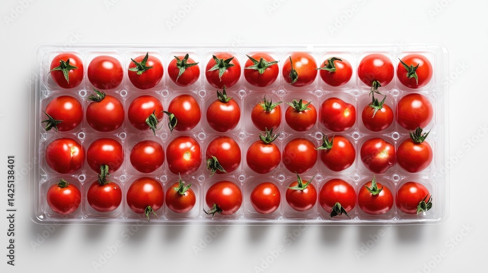 Poster neatly arranged red tomatoes in rectangular plastic tray on white surface