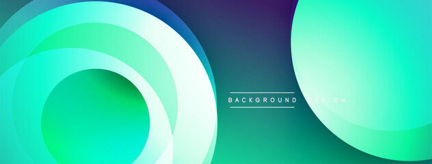 Abstract background features layered circles, gradients shifting from turquoise to deep blue. Right side displays solid teal hue. Minimalist design, modern aesthetic. Text reads background design.