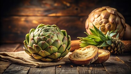Obraz premium Rustic Still Life Featuring Fresh Artichokes and Crusty Bread on Wooden Table