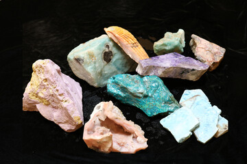 Semi-precious multi-colored stones, Panorama, colorful various uncut and raw mineral stones