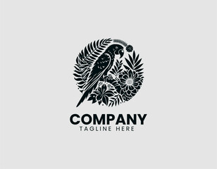 Detailed Parrot Bird Perching Tropical Flowers Vector Logo Design