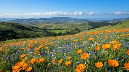 Obraz premium A field of flowers with a blue sky in the background