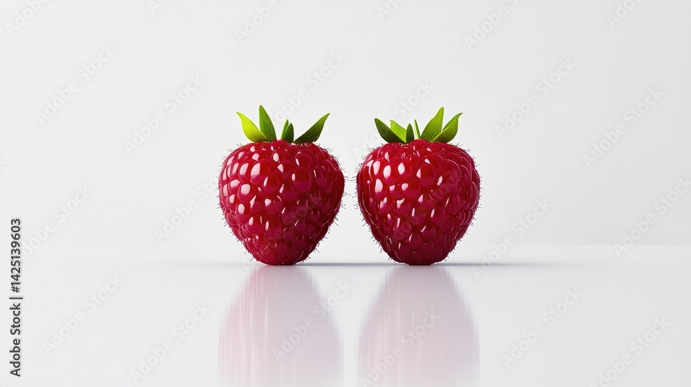 Poster two glossy raspberries with detailed leaf texture, centered on a white surface