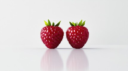 Two glossy raspberries with detailed leaf texture, centered on a white surface