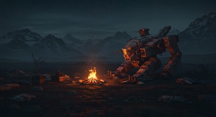 Mech Warrior's Night Camp: A Post-Apocalyptic Mountain Scenery
