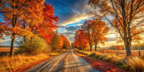 Obraz premium Autumnal Road Through Vibrant Foliage Under a Dramatic Sky at Sunset