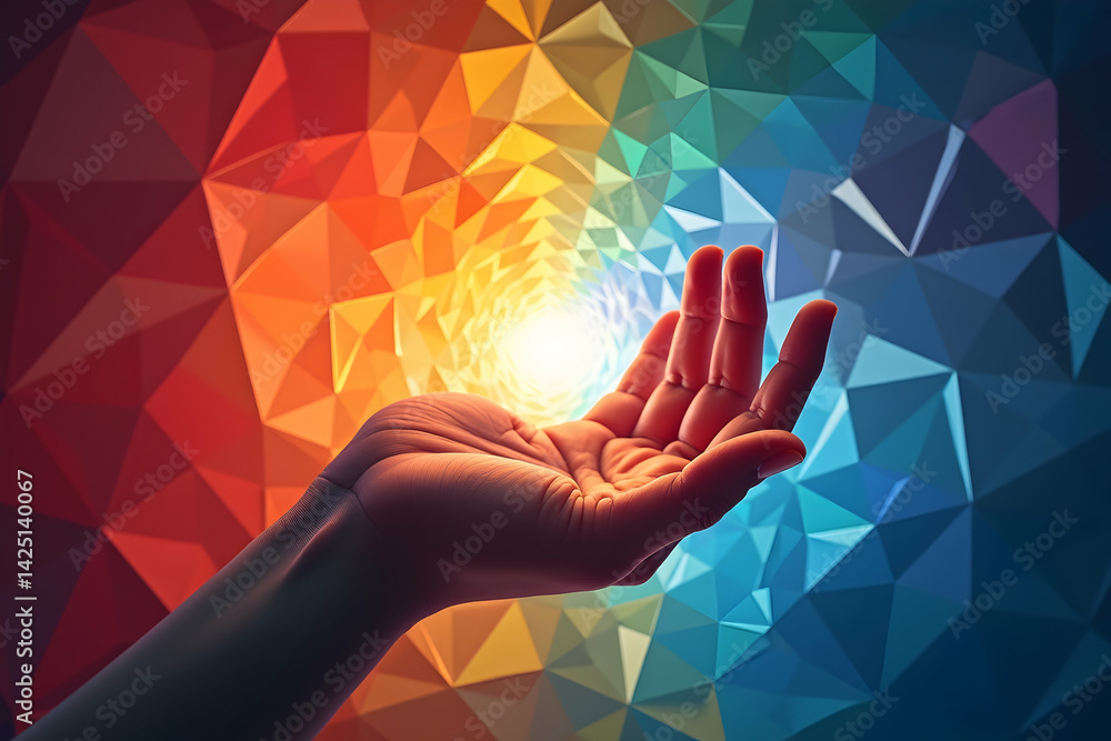 Poster surreal composition of a hand extending through a geometric rainbow vortex, symbolizing hope, transf