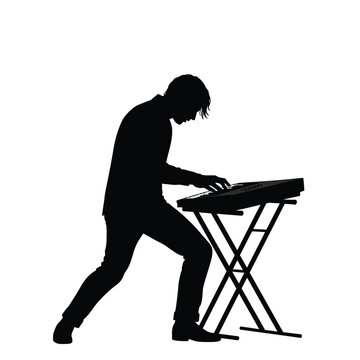 Keyboard player silhouette. This image shows a person playing a keyboard in a silhouette style, emphasizing the posture and instrument. Vector clipart illustration design.
