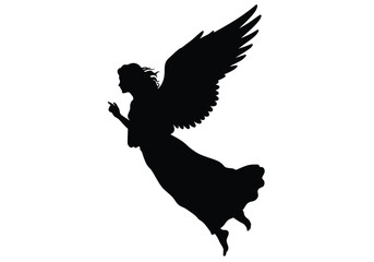 Fototapeta premium Flying angel silhouette. This image shows a black silhouette of an angel with wings, flying gracefully, symbolizing a celestial, divine, and spiritual presence. Vector clipart illustration design.