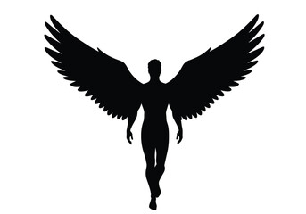 Male angel silhouette. This image shows a black silhouette of a male figure with large, outstretched wings, resembling an angel or a mythical celestial being. Vector clipart illustration design.