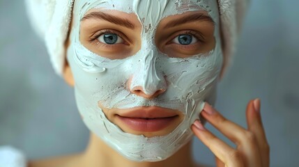 Happy woman smiling with natural face mud mask, relaxing spa self-care moment, glowing skincare routine with earthy beauty treatment – HD, wallpaper, banner