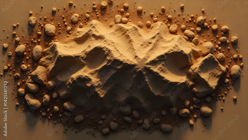 Poster top-down view of a dune-like pile of dirt and rocks showcasing texture and patterns on a beige surfa