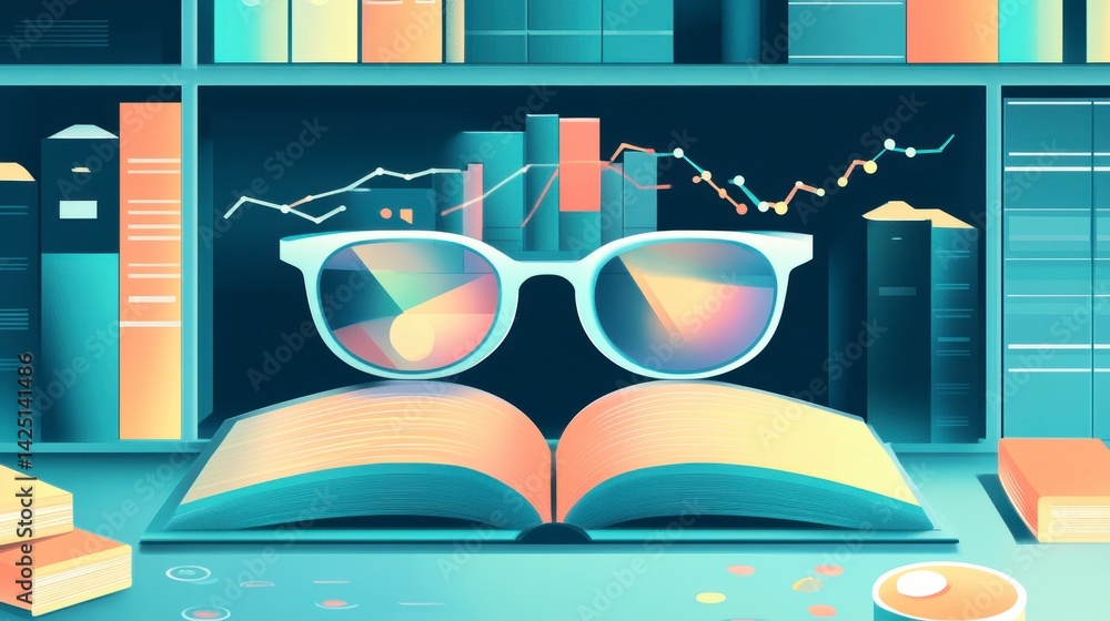 Poster Open book with glasses reflecting data charts on bookshelf.