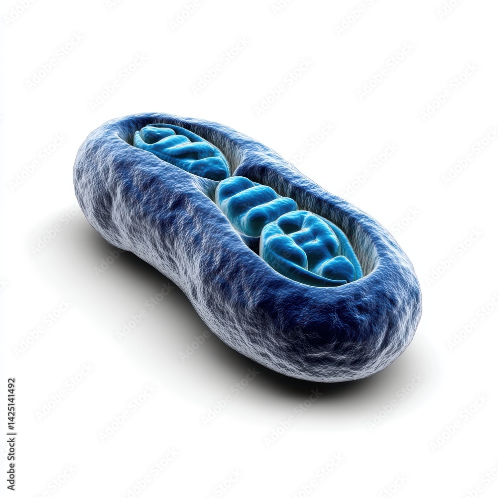 Poster a detailed 3d rendering of a mitochondrion, showcasing its unique structure and inner folds, represe