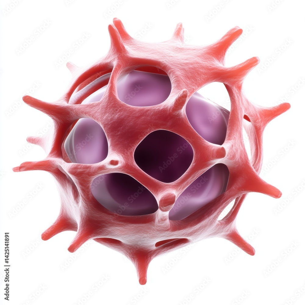 Poster a stylized depiction of a cell with spiky projections, highlighting its complex structure and inner 