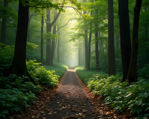 Obraz premium Tranquil forest path bathed in soft light evoking a sense of peace and natural beauty perfect for conveying calmness and the serenity of nature exploration