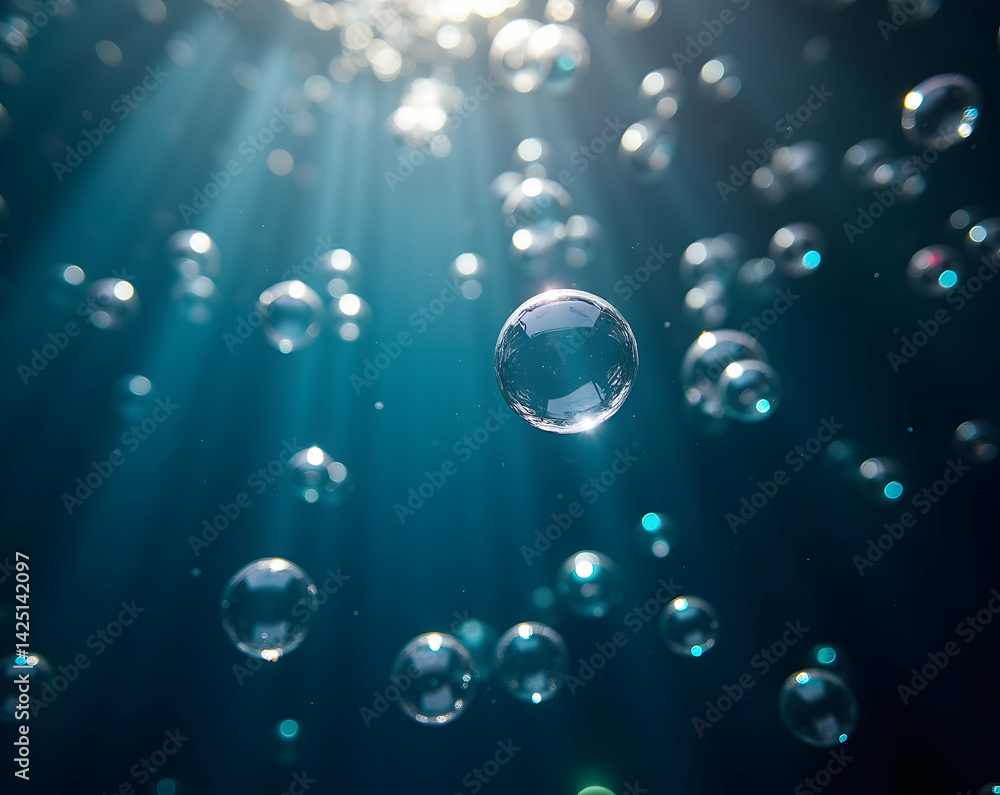 Poster underwater bubbles with sunlight rays, a serene and mesmerizing display of floating bubbles catching