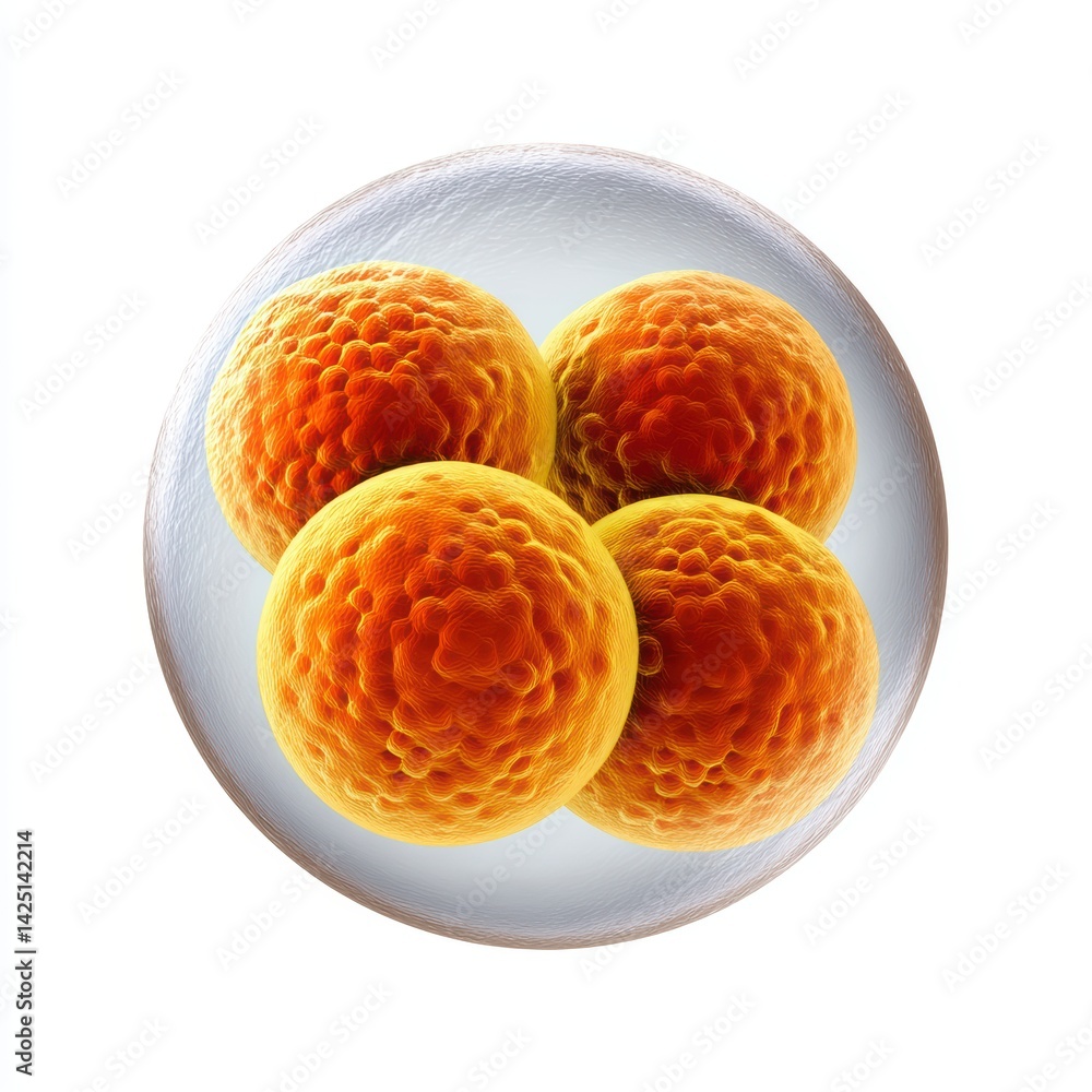Poster a close-up view of four orange-colored cells, showcasing intricate textures and patterns, set agains