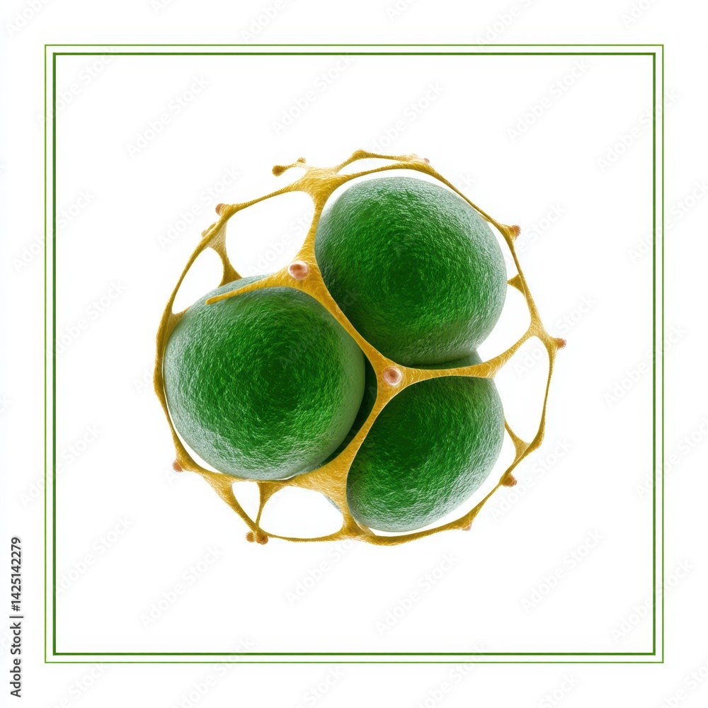 Poster a close-up view of a spherical green structure, possibly representing cells or molecules, highlighte