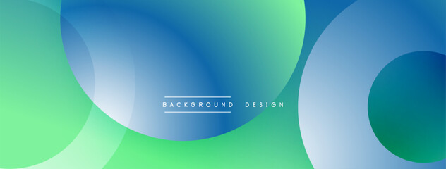 Abstract background features overlapping circles, gradients transitioning from green to blue. Minimalist design with text background design centered. Smooth shapes create dynamic visual flow.