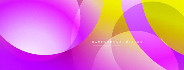 Abstract background features overlapping circles, vibrant pinks, yellows, oranges. Smooth gradients create flowing, modern visual effect. Minimalist design suitable for digital projects.