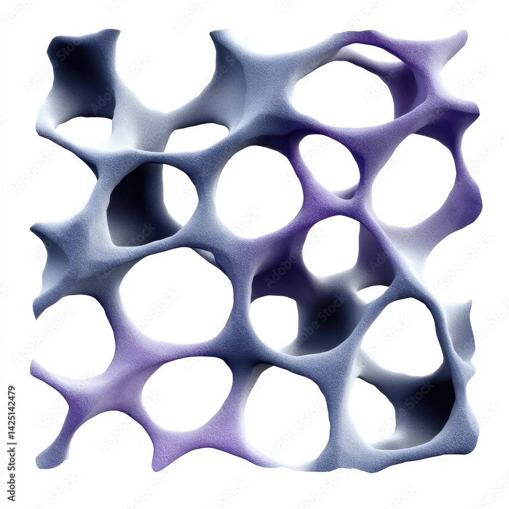 Poster an abstract, textured structure featuring interconnected holes and smooth surfaces in gradient shade