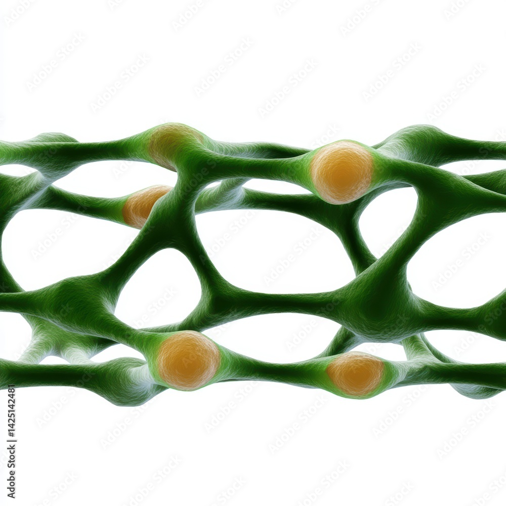 Poster a vivid abstract representation of interconnected green structures with orange nodes, resembling a c