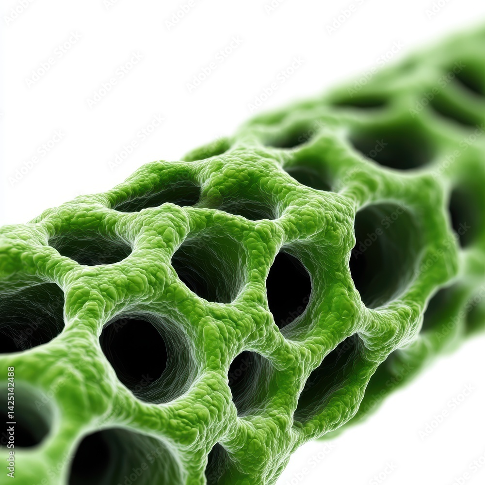 Poster a close-up image of a textured, green structure with a cellular pattern, showcasing intricate holes 