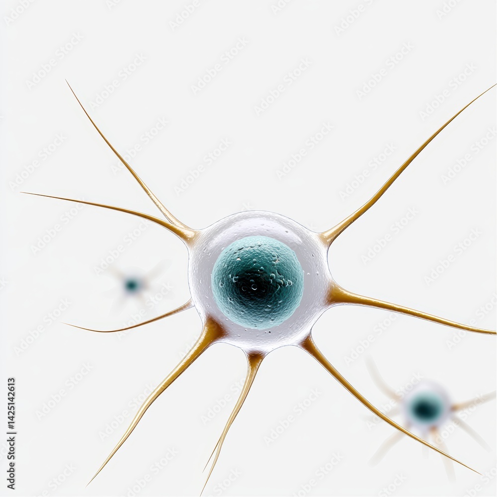 Poster a close-up view of a neuron cell, showcasing its structure with long, thin extensions and a central 