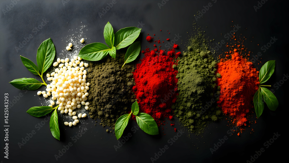 Aufkleber vibrant array of herbs and spices arranged in a colorful flat lay, beautifully contrasted against a 