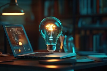 A futuristic office desk with a digital holographic lightbulb hovering over a laptop, symbolizing breakthrough ideas and cutting-edge technology."