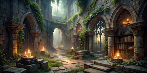 Fototapeta premium Enchanted Ruins A Mystical Courtyard Path Lighted by Candles, Overgrown with Lush Greenery and Ancient Stone Architecture