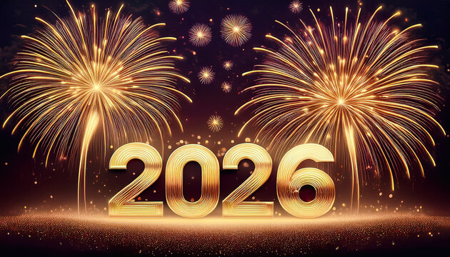 New Year fireworks background,Happy New Year 2026, New Year's Eve firework sparkler party celebration holiday greeting card with year - Gold fireworks,