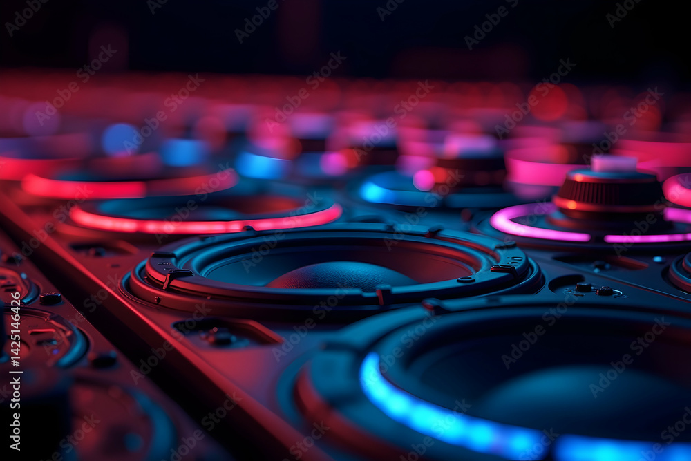 Poster vibrant row of subwoofers with neon outlines, a captivating display of audio technology and visual a