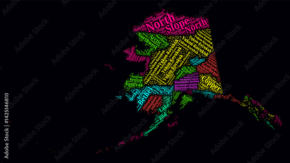 Poster alaska word cloud. bright neon style design on dark background. region names text cloud. boundary sh