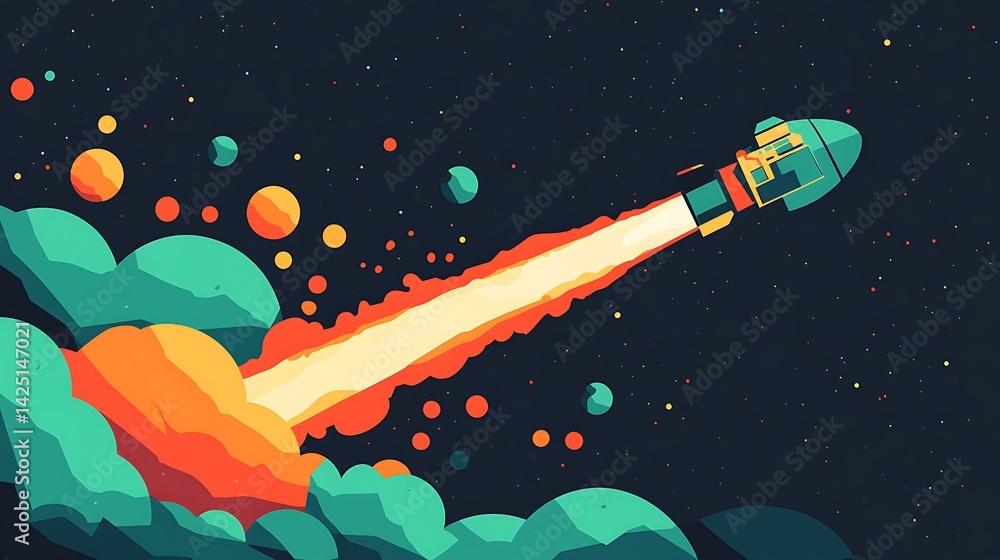 Poster rocket launch with space exploration.