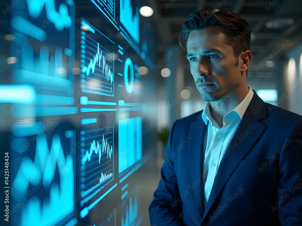 Poster visionary leader analyzing futuristic augmented reality investment data in a high-tech environment f