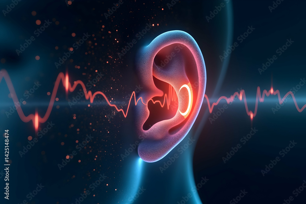 Poster visual representation of auditory perception, human ear with digital sound rings and waveform graphi