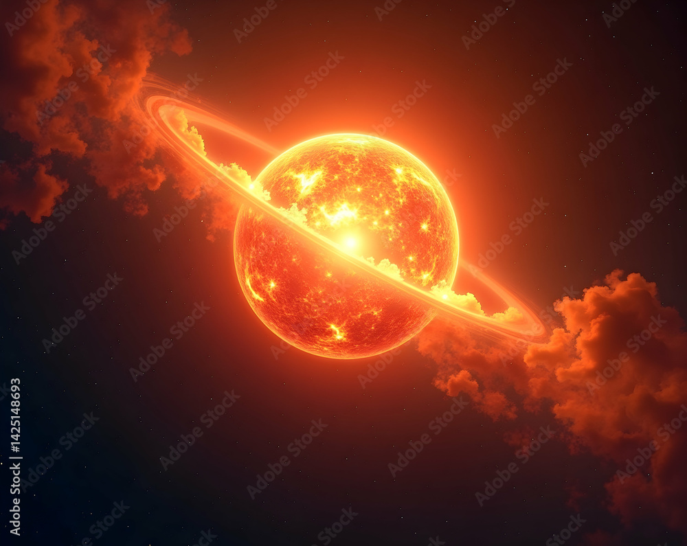 Poster vivid depiction of a radiant solar flare, set against an abstract and dynamic composition creating a