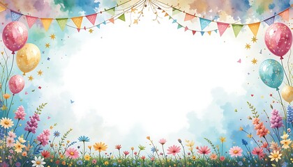 Colorful Watercolor Flower Garden with Balloons and Festive Bunting Backdrop