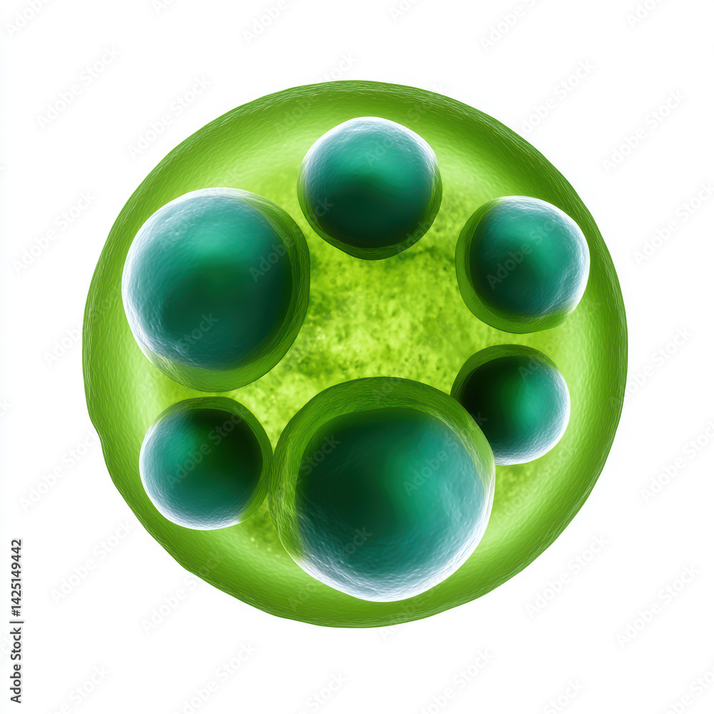 Poster a vibrant illustration of a cell with green hues and multiple rounded shapes, representing cellular 