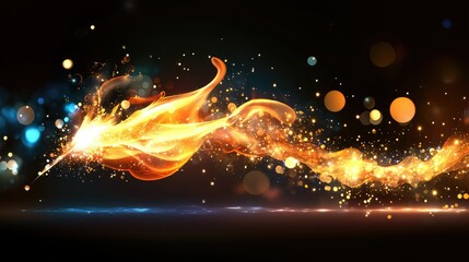 Blurred golden fire sparks trailing across a deep black background for dramatic effect