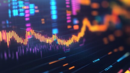 Abstract financial data visualization with colorful lines and graphs on a dark background.