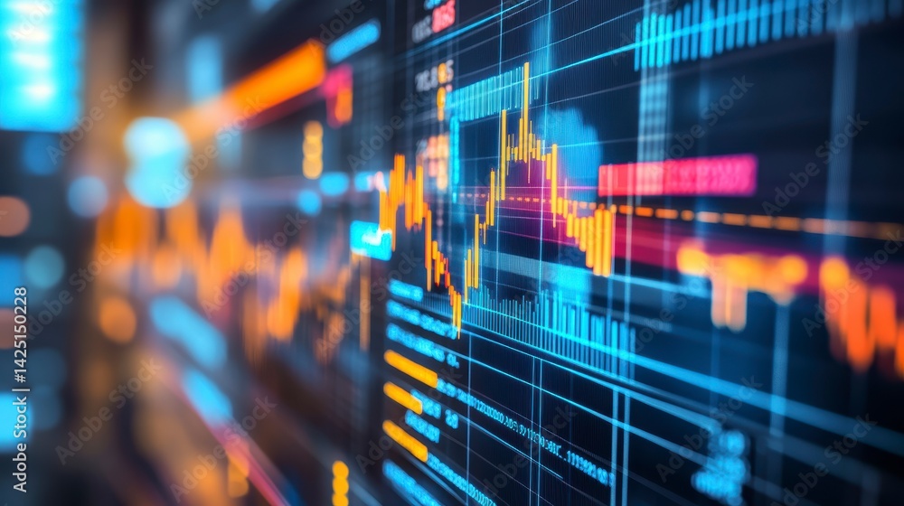 Poster Close-up of a stock market data screen showing dynamic graphs and charts with vibrant colors.